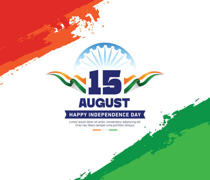 Stock vector Illustration of 15th August Happy Independence Day of India, with stylish text, Ashoka Wheel and tricolor Paint Brush Stroke background of Indian Flag concept.