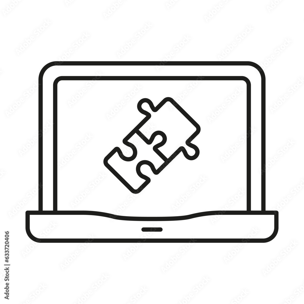 Poster online jigsaw game in laptop linear pictogram. puzzle app in computer line icon. web digital puzzle 
