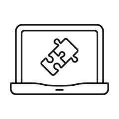 Online Jigsaw Game in Laptop Linear Pictogram. Puzzle App in Computer Line Icon. Web Digital Puzzle Outline Sign. Strategy, Brainstorming, Teamwork. Editable Stroke. Isolated Vector Illustration