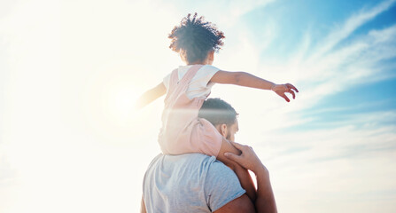 Kid on father shoulders, blue sky and family with travel, back view and freedom with fun together...