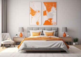 This minimal yet vibrant bedroom design features a bed with luxurious linens, orange accents, and a white art piece that captures the perfect balance of comfort and style