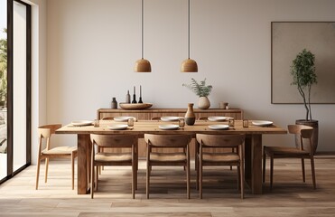 This minimalistic yet inviting interior design features a dining table with chairs and a vibrant painting on the wall, providing a comfortable and stylish atmosphere for the perfect home dining exper
