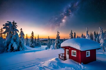 A captivating winter landscape unfolds under the celestial canvas of Kiruna Lapland - obrazy, fototapety, plakaty