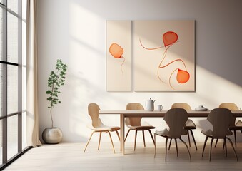 This minimalistic dining room features a stunning art piece above the table, comfortable chairs, and a sleek design that creates an inviting atmosphere for gathering with friends and family