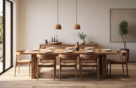 This minimalistic yet inviting interior design features a dining table with chairs and a vibrant painting on the wall, providing a comfortable and stylish atmosphere for the perfect home dining exper - Powered by Adobe