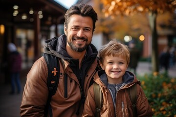 Fototapeta premium Father taking son to kindergarten and taking picture together. Outdoor portrait of dad and little boy with backpacks.