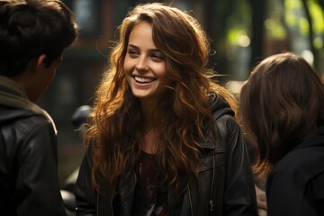 Beautiful girl student talking with friends in the school yard, laughing close up portrait