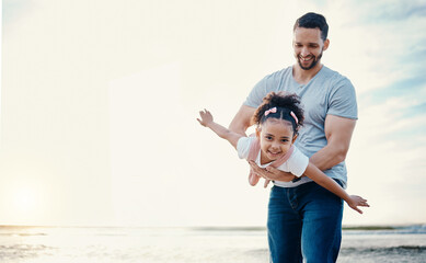 Airplane, kid and father at beach with family, playing games love and travel, mockup space and fun...