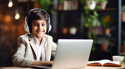 Happy indian young boy student wear headphone watch webinar listen online course communicate by conference video. Homeschooling. - obrazy, fototapety, plakaty