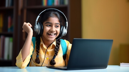 Happy indian young girl student wear headphone watch webinar listen online course communicate by conference video. Homeschooling.
