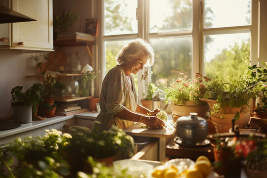 Smiling Middle Aged Woman Sitting In Domestic Kitchen At Home, Single Mature Senior In Living Room With Flowers And Plants