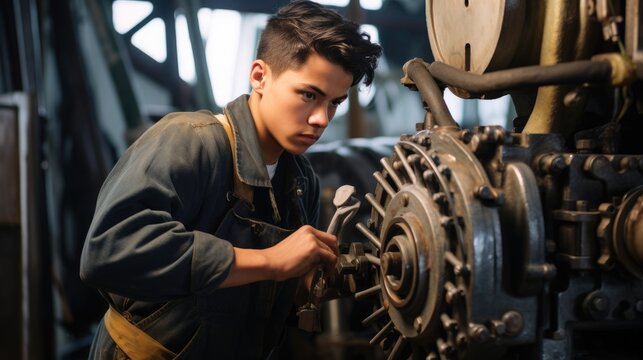 Apprentice mechanic learning on the job setting. Generative AI