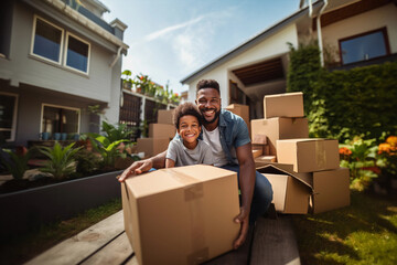Father with happy son enjoy relocation day near carton box having fun after moving
