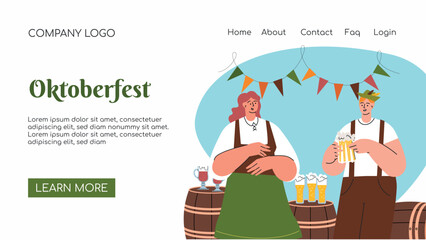 Landing page. Celebration the Oktoberfest Beer Festival. Fest Concept Flat Vector Illustration. Male and Female Characters Wear Bavarian Costume and Dress Dance Celebrate Beer Festival. Vector