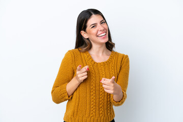 Young Italian woman isolated on white background surprised and pointing front