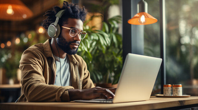 Happy Young African American Man In Glasses Wearing Headphones Sitting With Laptop And Learning.