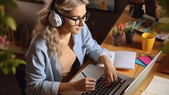 Video Conference With Teacher On Laptop At Home. Top View Of Girl In Video Call With Personal Tutor On Computer Listening Audio Course, Distance And E-learning Education Concept