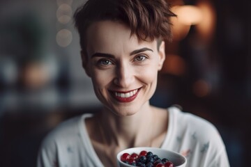 Portrait of sporty and smiling female eating healthy food in kitchen