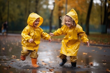 Happy smiling children in yellow raincoat and rain boots running in puddle an autumn walk - obrazy, fototapety, plakaty