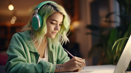 Hipster teen girl school student with green hair wear headphone write notes watch video online webinar learn on laptop. E-learning concept. Homeschooling.