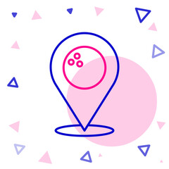 Line Map pointer with bowling ball icon isolated on white background. Sport equipment. Colorful outline concept. Vector