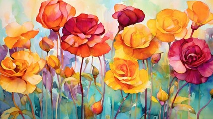 Fototapeta na wymiar Watercolor autumn roses. Pink, orange, yellow flowers. Trendy floral AI illustration for design, print, fabric or background, textile, wallpapers, greeting card.