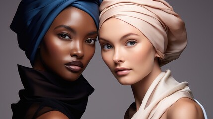 Beauty portrait of diverse women with different skintone. Multinational young female with attractive appearance and different flawless skintone. Peach Taffy palette. AI photography.