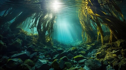 Obraz premium Seaweed and natural sunlight underwater seascape in the ocean. landscape with seaweeds. Marine sea bottom. AI photography.