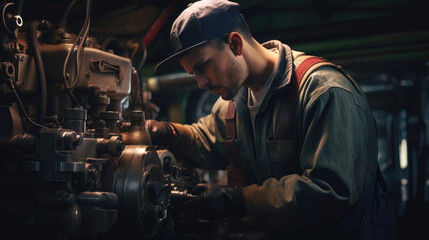 Fototapeta na wymiar Apprentice mechanic learning on the job setting. Generative AI