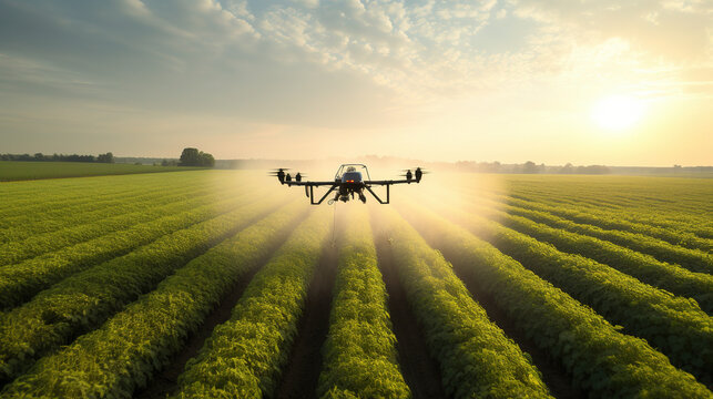 drone spraying pesticides fertilizer on soybean crops farm field
