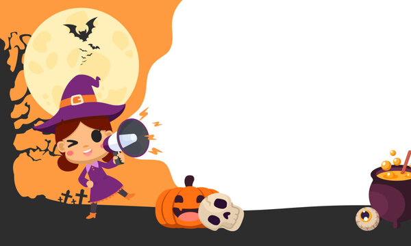 Halloween cute witch holding a megaphone speaker for announce, advertising, promotion, and Grand sale. Vector illustration flat design for banner, poster, template, and background.
