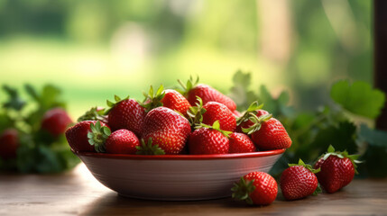 Strawberry garden and strawberries in a ceramic bowl on a small wooden table