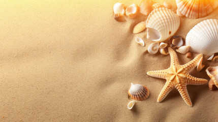 Fototapeta na wymiar Starfish and shells in the sand background