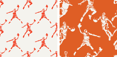 Basketball Sport and Basketball Player Orange and White Seamless Pattern Vector Illustration Set Of 2  - 633723658