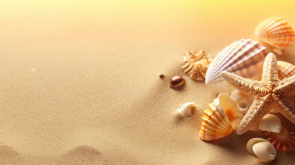 Fototapeta na wymiar Starfish and shells in the sand background