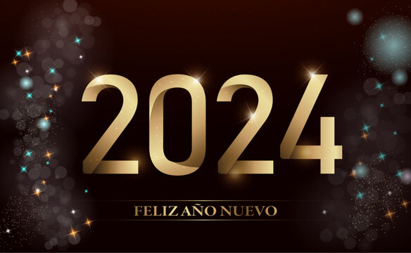 tarjeta o pancarta para desear un feliz año nuevo 2024 en oro sobre un fondo negro y en cada lado estrellas y círculos de varios colores en efecto bokeh