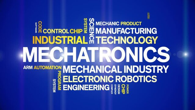 Mechatronics animated tag word cloud;text design animation kinetic typography seamless loop.