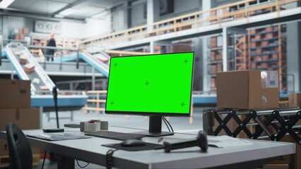 Empty Workplace Of Sorting Center Employee With Green Screen Chromakey Desktop Computer Monitor And Barcode Reader. Conveyor Belt With Online Orders Packaged In Cardboard Boxes Working On Background. - Powered by Adobe