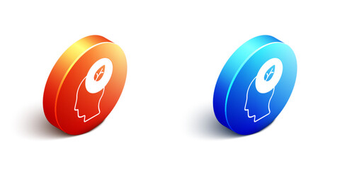 Obraz premium Isometric Human head with leaf inside icon isolated Isometric background. Orange and blue circle button. Vector