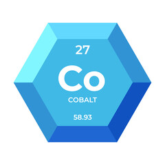 Cobalt is chemical element number 27 of the transition metal group. Icon of chemical element of periodic table in 3d hexagon. Chemistry for children, elementary education. - obrazy, fototapety, plakaty