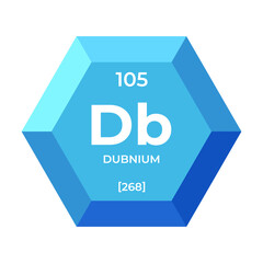 Dubnium is chemical element number 105 of the transition metal group. Icon of chemical element of periodic table in 3d hexagon. Chemistry for children, elementary education.