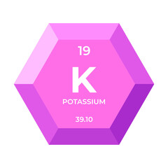 Potassium is chemical element number 19 of the Alkali metal group. Icon of chemical element of periodic table in 3d hexagon. Chemistry for children, elementary education.