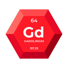 Gadolinium is chemical element number 64 of the Lanthanide group. Icon of chemical element of periodic table in 3d hexagon. Chemistry for children, elementary education.