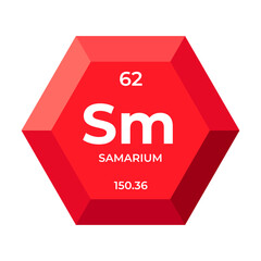 Samarium is chemical element number 62 of the Lanthanide group. Icon of chemical element of periodic table in 3d hexagon. Chemistry for children, elementary education.