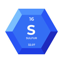 Sulfur is chemical element number 16 of the nonmetal group. Icon of chemical element of periodic table in 3d hexagon. Chemistry for children, elementary education.