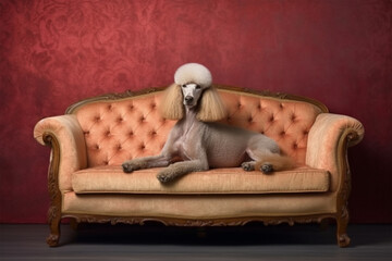 A poodle sitting on the sofa