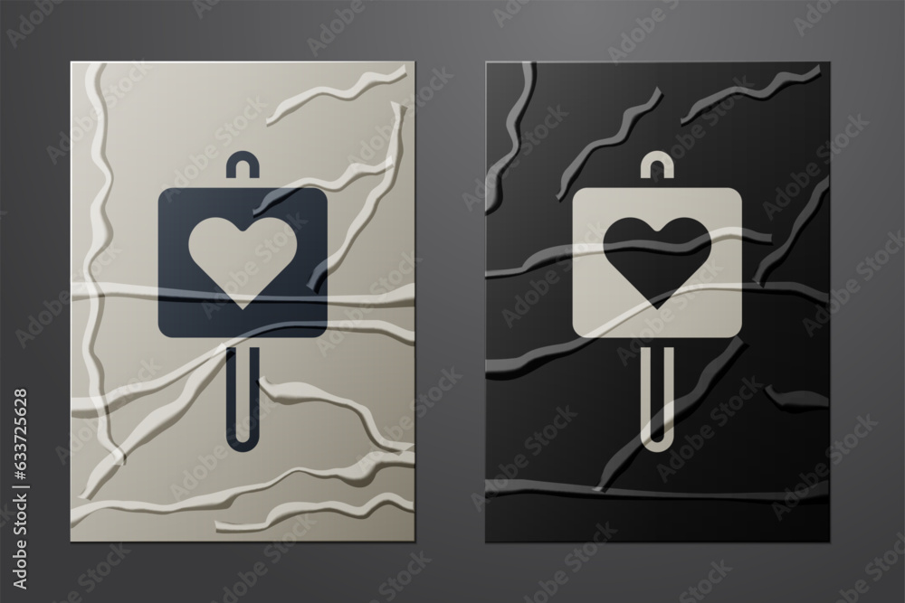 Poster white map pointer with heart icon isolated on crumpled paper background. valentines day. love locati