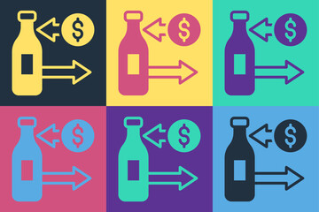 Pop art Reception and sale of glass bottles icon isolated on color background. Vector
