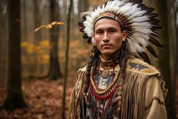 Poster Native american indian with tribal headdress in autumn forest. Close-up portrait. © Stavros