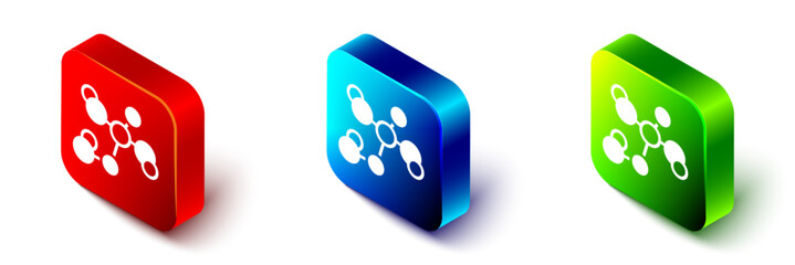 Isometric Chemical formula icon isolated on white background. Abstract hexagon for innovation medicine, health, research and science. Red, blue and green square button. Vector